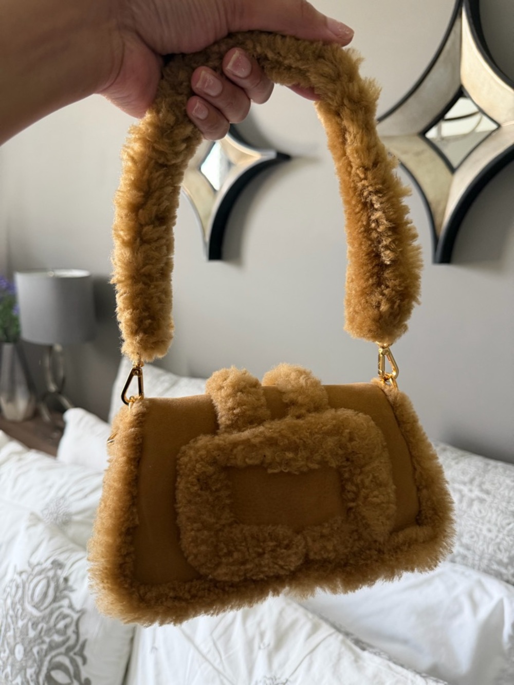 Jacquemus Camel Shearling-Trim Le Petit Bambimou Doux Shoulder Bag - Picture 6 of 8